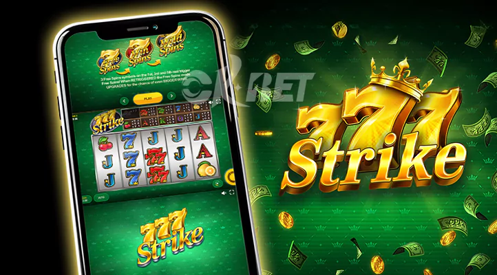 a banner of 777 strike with phone game beside