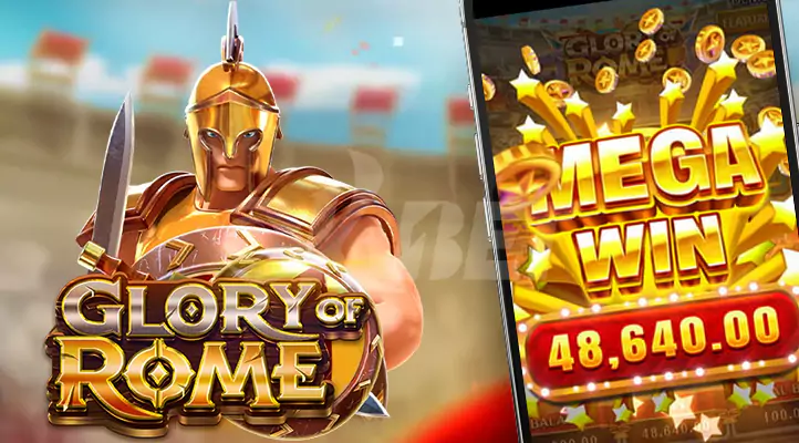 a gladiator with a phone playing glory of rome slot
